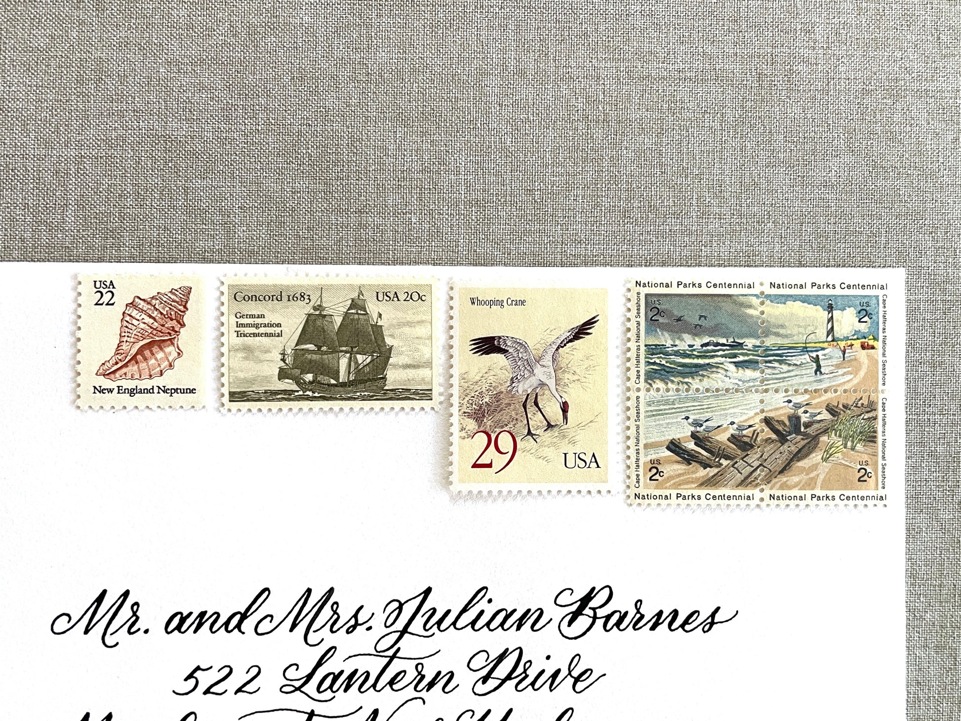 These unused vintage stamp sets are perfect for mailing beach, nautical, coastal, and marine-themed save-the-dates, wedding invitations, bridal shower invitations, and other special correspondence. Each curated set is comprised of four (4) unused stamps with a total USPS postage value of 79 cents — enough postage to mail a standard rectangular envelope that weighs up to one (1) ounce. These unused U.S. stamps are perfectly valid for use as current postage for mailing with USPS.