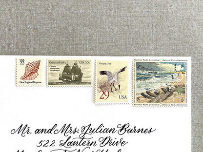 These unused vintage stamp sets are perfect for mailing beach, nautical, coastal, and marine-themed save-the-dates, wedding invitations, bridal shower invitations, and other special correspondence. Each curated set is comprised of four (4) unused stamps with a total USPS postage value of 79 cents — enough postage to mail a standard rectangular envelope that weighs up to one (1) ounce. These unused U.S. stamps are perfectly valid for use as current postage for mailing with USPS.