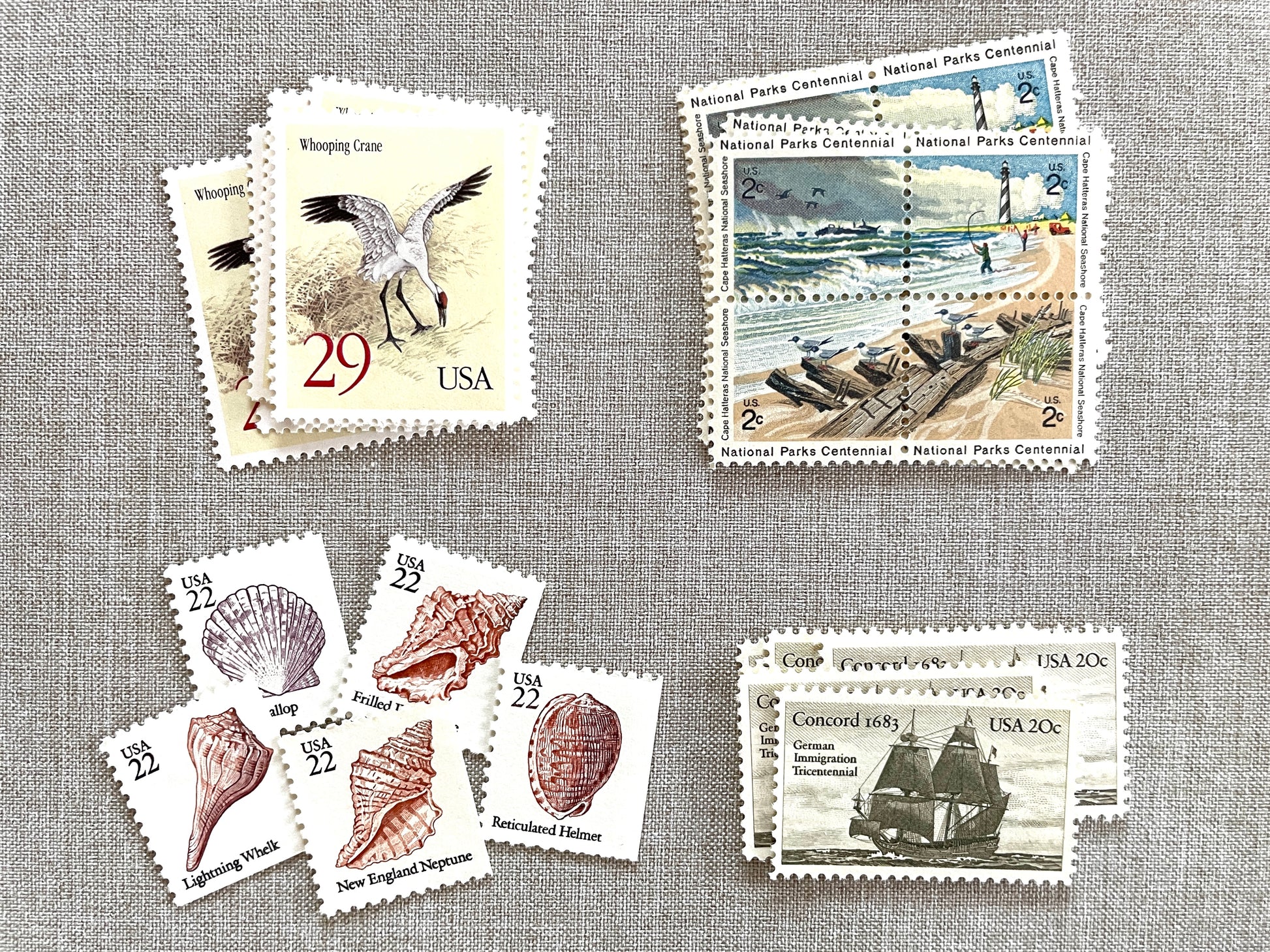 These unused vintage stamp sets are perfect for mailing beach, nautical, coastal, and marine-themed save-the-dates, wedding invitations, bridal shower invitations, and other special correspondence. Each curated set is comprised of four (4) unused stamps with a total USPS postage value of 79 cents — enough postage to mail a standard rectangular envelope that weighs up to one (1) ounce. These unused U.S. stamps are perfectly valid for use as current postage for mailing with USPS.