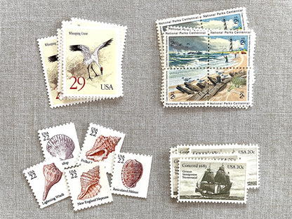 These unused vintage stamp sets are perfect for mailing beach, nautical, coastal, and marine-themed save-the-dates, wedding invitations, bridal shower invitations, and other special correspondence. Each curated set is comprised of four (4) unused stamps with a total USPS postage value of 79 cents — enough postage to mail a standard rectangular envelope that weighs up to one (1) ounce. These unused U.S. stamps are perfectly valid for use as current postage for mailing with USPS.