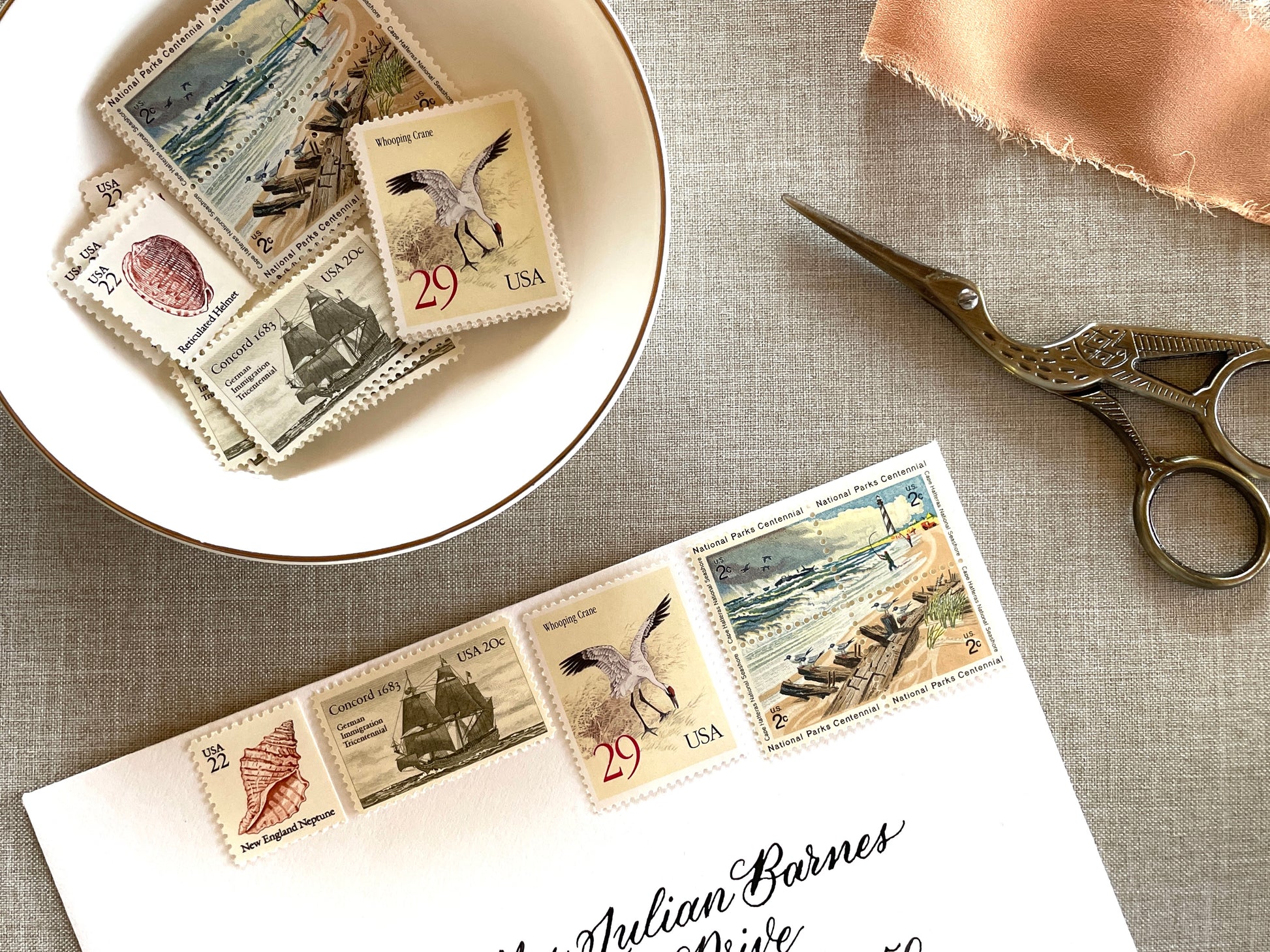 These unused vintage stamp sets are perfect for mailing beach, nautical, coastal, and marine-themed save-the-dates, wedding invitations, bridal shower invitations, and other special correspondence. Each curated set is comprised of four (4) unused stamps with a total USPS postage value of 79 cents — enough postage to mail a standard rectangular envelope that weighs up to one (1) ounce. These unused U.S. stamps are perfectly valid for use as current postage for mailing with USPS.
