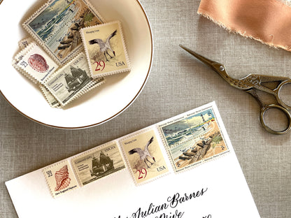 These unused vintage stamp sets are perfect for mailing beach, nautical, coastal, and marine-themed save-the-dates, wedding invitations, bridal shower invitations, and other special correspondence. Each curated set is comprised of four (4) unused stamps with a total USPS postage value of 79 cents — enough postage to mail a standard rectangular envelope that weighs up to one (1) ounce. These unused U.S. stamps are perfectly valid for use as current postage for mailing with USPS.