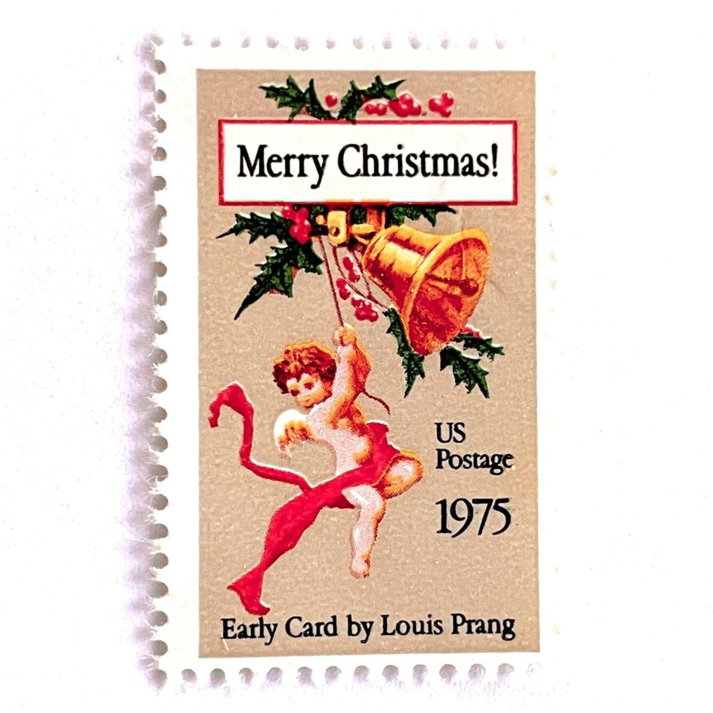 Image of 1975 Contemporary Christmas “Christmas Card” 10-cent stamps. Scott #1580. Stamp Themes: Cherub, Angel, Bells, Christmas Card, Holly, Holidays, Merry Christmas, Early Card by Louis Prang. Red, green, gold postage stamp.