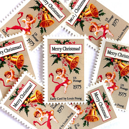 Image of 1975 Contemporary Christmas “Christmas Card” 10-cent stamps. Scott #1580. Stamp Themes: Cherub, Angel, Bells, Christmas Card, Holly, Holidays, Merry Christmas, Early Card by Louis Prang. Red, green, gold postage stamp.