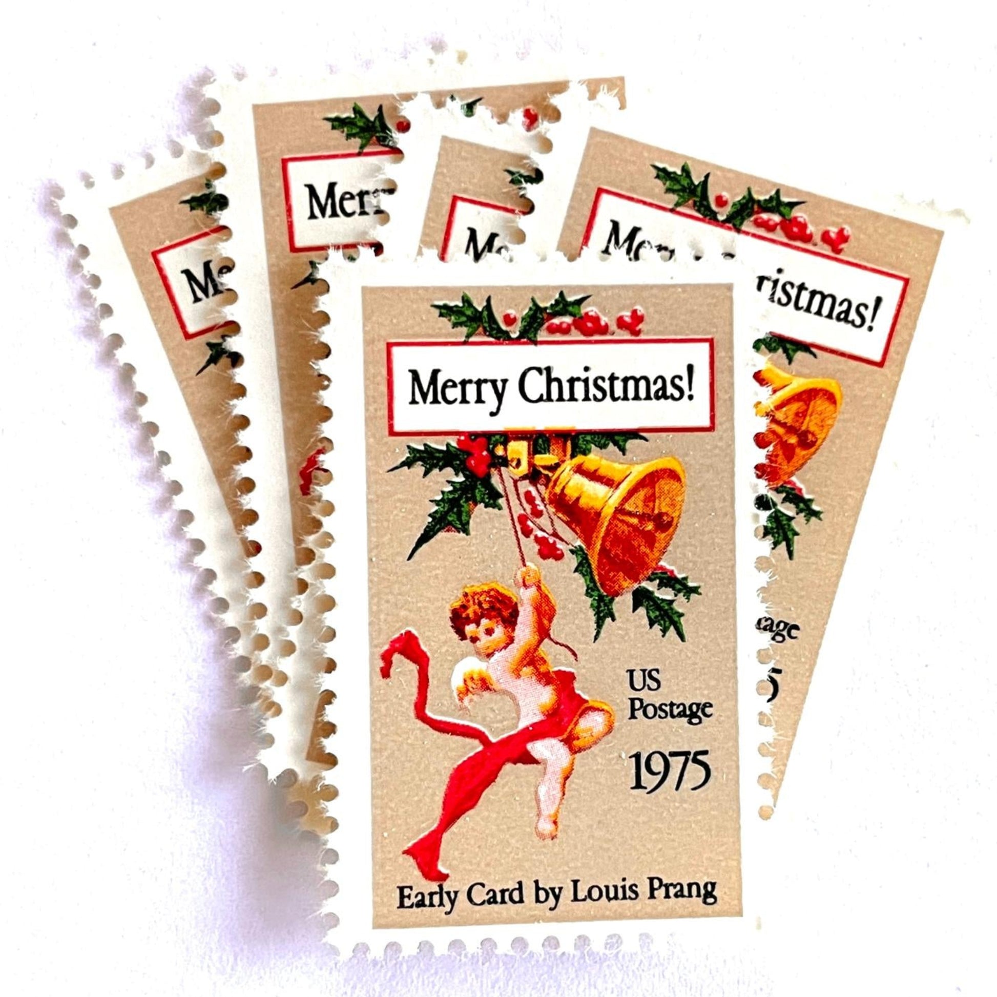 Image of 1975 Contemporary Christmas “Christmas Card” 10-cent stamps. Scott #1580. Stamp Themes: Cherub, Angel, Bells, Christmas Card, Holly, Holidays, Merry Christmas, Early Card by Louis Prang. Red, green, gold postage stamp.