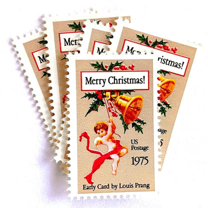 Image of 1975 Contemporary Christmas “Christmas Card” 10-cent stamps. Scott #1580. Stamp Themes: Cherub, Angel, Bells, Christmas Card, Holly, Holidays, Merry Christmas, Early Card by Louis Prang. Red, green, gold postage stamp.