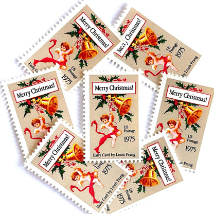 Image of 1975 Contemporary Christmas “Christmas Card” 10-cent stamps. Scott #1580. Stamp Themes: Cherub, Angel, Bells, Christmas Card, Holly, Holidays, Merry Christmas, Early Card by Louis Prang. Red, green, gold postage stamp.