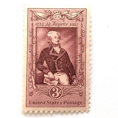 Image of Bicentennial Lafayette Bicentenary 3 cent stamps. Scott #1097. Stamp themes: 200th Birthday of Marquis de Lafayette, France, French, American Revolution. Rose, Red, Pink postage stamp.