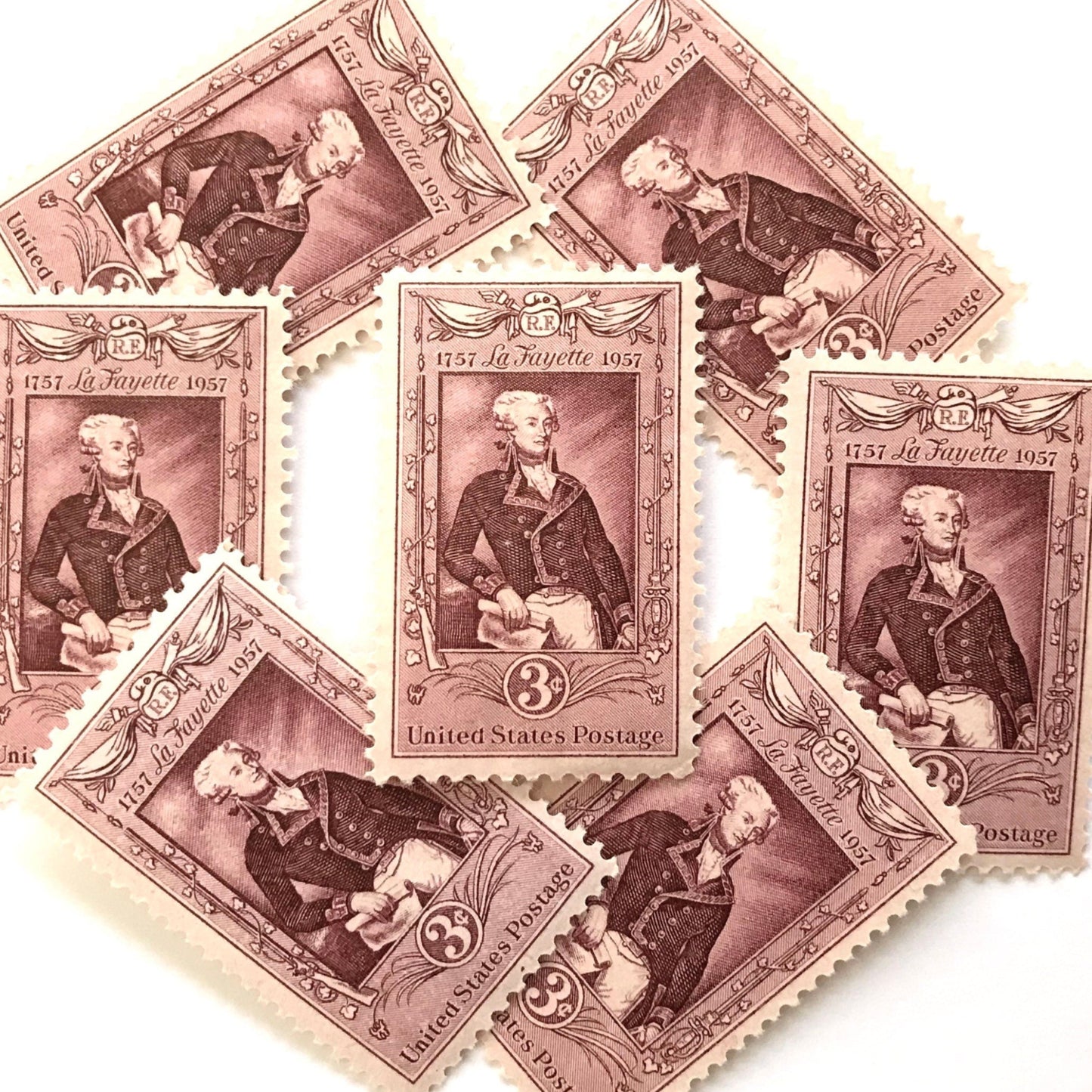 Image of Bicentennial Lafayette Bicentenary 3 cent stamps. Scott #1097. Stamp themes: 200th Birthday of Marquis de Lafayette, France, French, American Revolution. Rose, Red, Pink postage stamp.