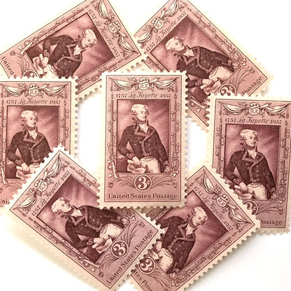 Image of Bicentennial Lafayette Bicentenary 3 cent stamps. Scott #1097. Stamp themes: 200th Birthday of Marquis de Lafayette, France, French, American Revolution. Rose, Red, Pink postage stamp.