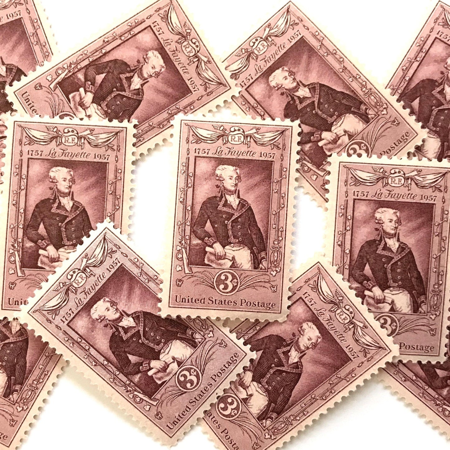 Image of Bicentennial Lafayette Bicentenary 3 cent stamps. Scott #1097. Stamp themes: 200th Birthday of Marquis de Lafayette, France, French, American Revolution. Rose, Red, Pink postage stamp.
