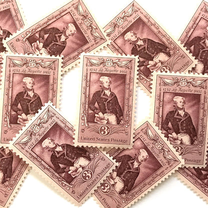 Image of Bicentennial Lafayette Bicentenary 3 cent stamps. Scott #1097. Stamp themes: 200th Birthday of Marquis de Lafayette, France, French, American Revolution. Rose, Red, Pink postage stamp.
