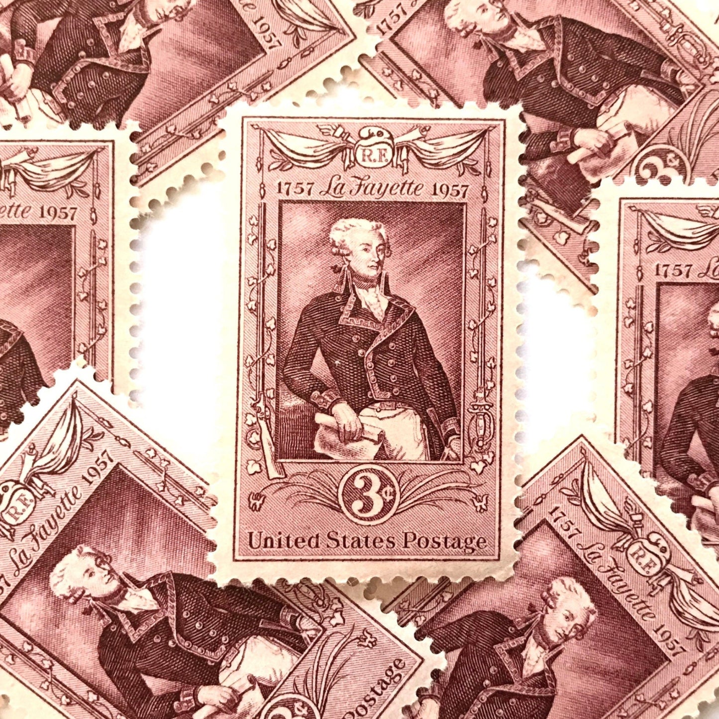 Image of Bicentennial Lafayette Bicentenary 3 cent stamps. Scott #1097. Stamp themes: 200th Birthday of Marquis de Lafayette, France, French, American Revolution. Rose, Red, Pink postage stamp.