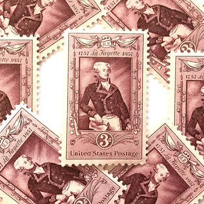 Image of Bicentennial Lafayette Bicentenary 3 cent stamps. Scott #1097. Stamp themes: 200th Birthday of Marquis de Lafayette, France, French, American Revolution. Rose, Red, Pink postage stamp.
