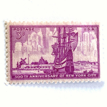Image of 1953 “New York City” 300th Anniversary 3-cent mail stamps. Scott #1027. Stamp Themes: New York City, NYC, Big Apple, New Amsterdam, Dutch Settlement, New York Skyline, Sailing. Red/violet postage stamp.