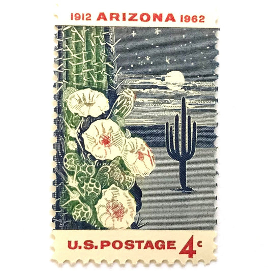 Image of Arizona Statehood postage stamps from 1962, featuring a moonlit desert scene with a saguaro cactus and cactus flower on vintage unused 4-cent USPS postage, Scott 1192.