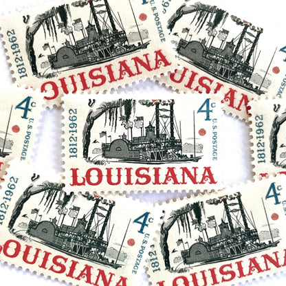 Image of Louisiana Statehood postage stamps from 1962, featuring a Mississippi River steamboat on vintage unused 4-cent USPS postage, Scott 1197.