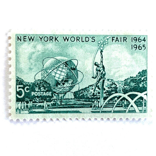 Image of 1964 “New York World's Fair” 5-cent stamps. Scott #1244. Stamp Themes: 1964-65 World's Fair, New York City, NYC, Queens. Green postage stamp.
