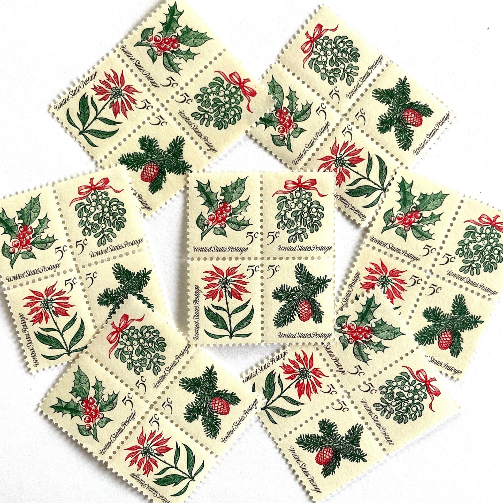 Image of four 5-cent “Christmas Issue Se-Tenant” USPS postage stamps featuring green and red holiday plants from the 1964 Contemporary Christmas Series. Mistletoe, Holly, Poinsettia, Evergreen. Scott #1254, Scott #1255, Scott #1256, Scott #1257.