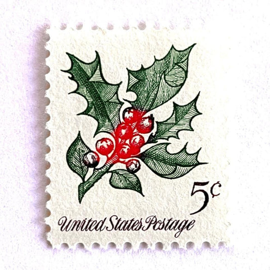 Image of 1964 Third Christmas Issue “Holly” 5-cent mail stamps. Scott #1254. Stamp Themes: Christmas Holly, Holiday Decor, Winter Flora. Green and red postage stamp.