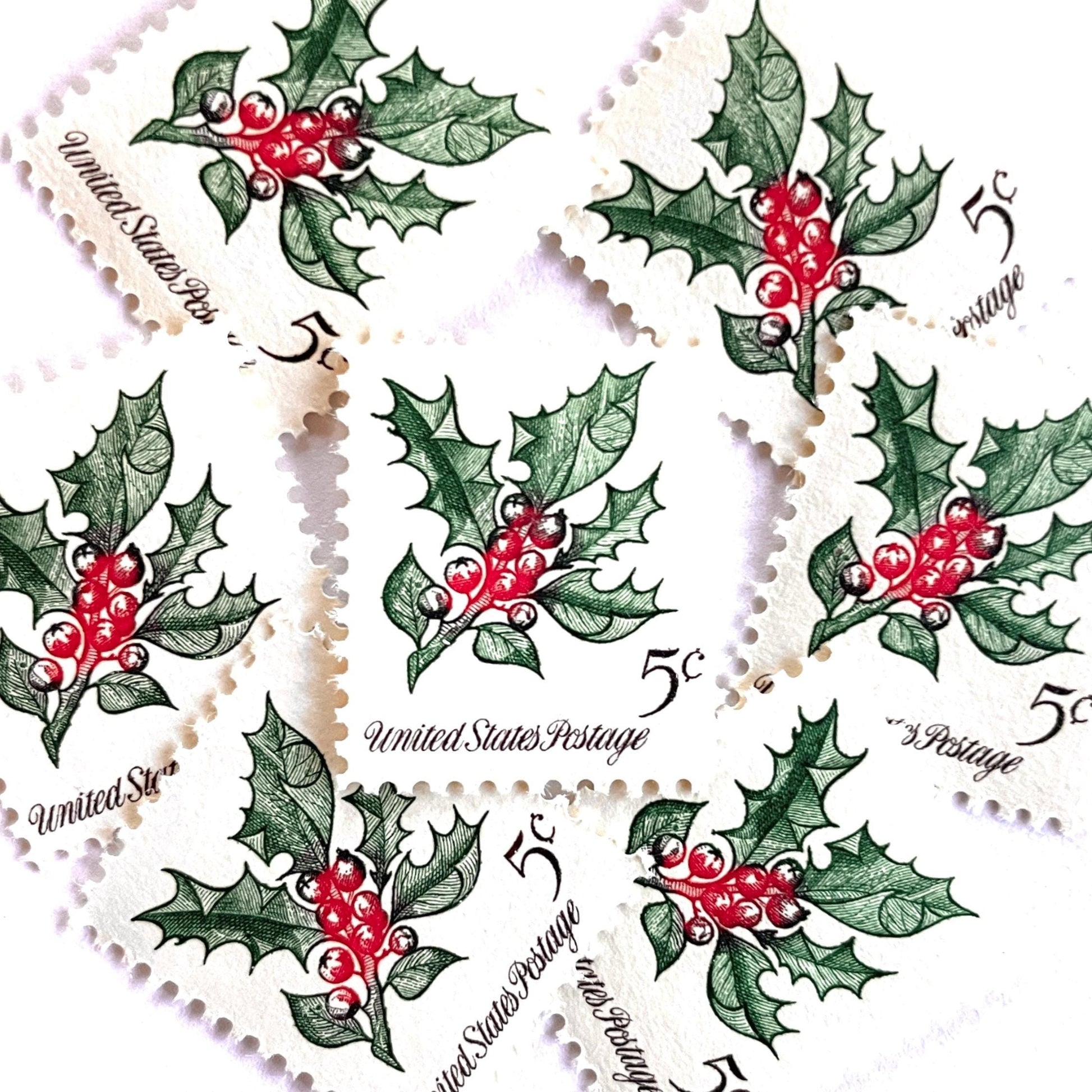 Image of 1964 Third Christmas Issue “Holly” 5-cent mail stamps. Scott #1254. Stamp Themes: Christmas Holly, Holiday Decor, Winter Flora. Green and red postage stamp.