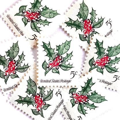 Image of 1964 Third Christmas Issue “Holly” 5-cent mail stamps. Scott #1254. Stamp Themes: Christmas Holly, Holiday Decor, Winter Flora. Green and red postage stamp.
