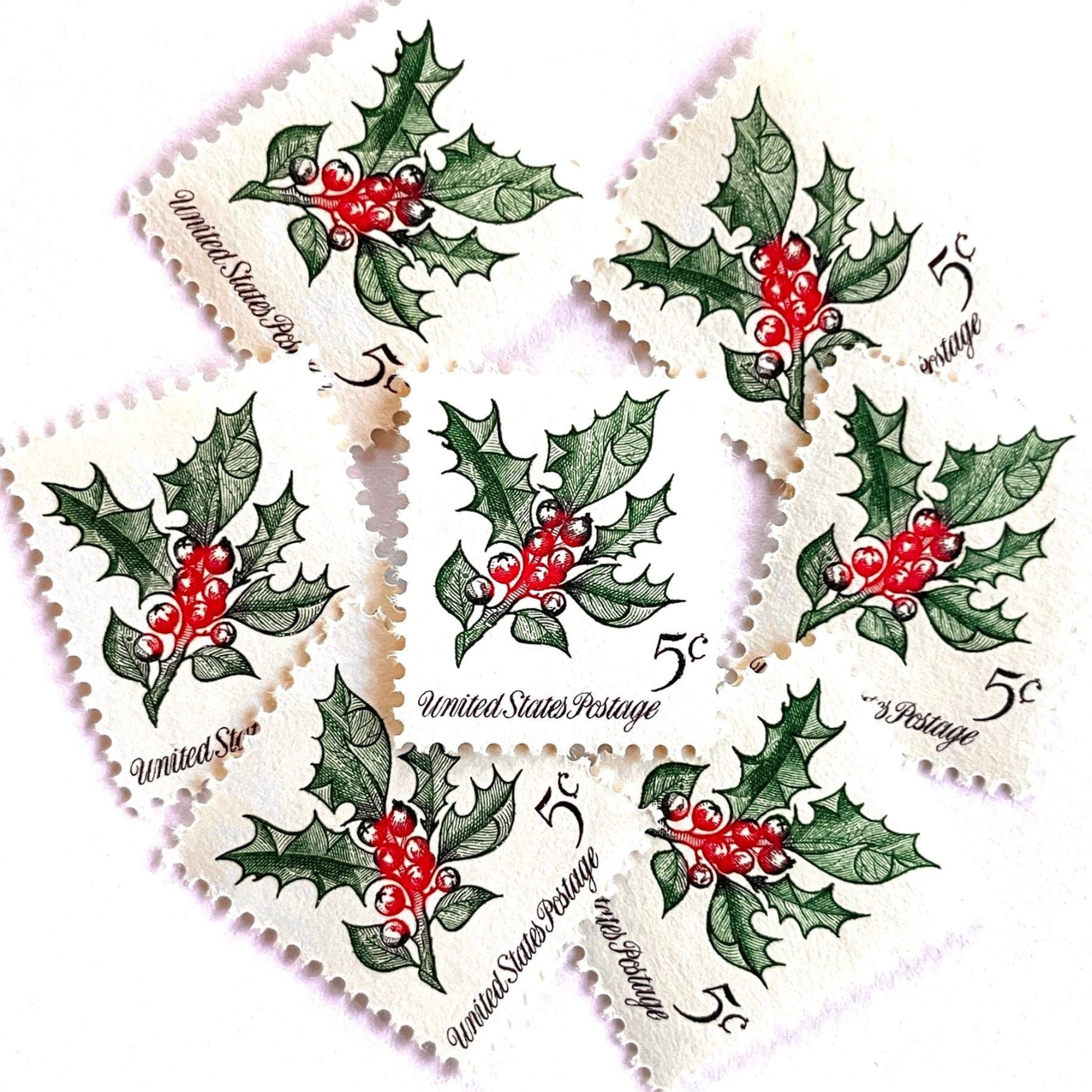 Image of 1964 Third Christmas Issue “Holly” 5-cent mail stamps. Scott #1254. Stamp Themes: Christmas Holly, Holiday Decor, Winter Flora. Green and red postage stamp.
