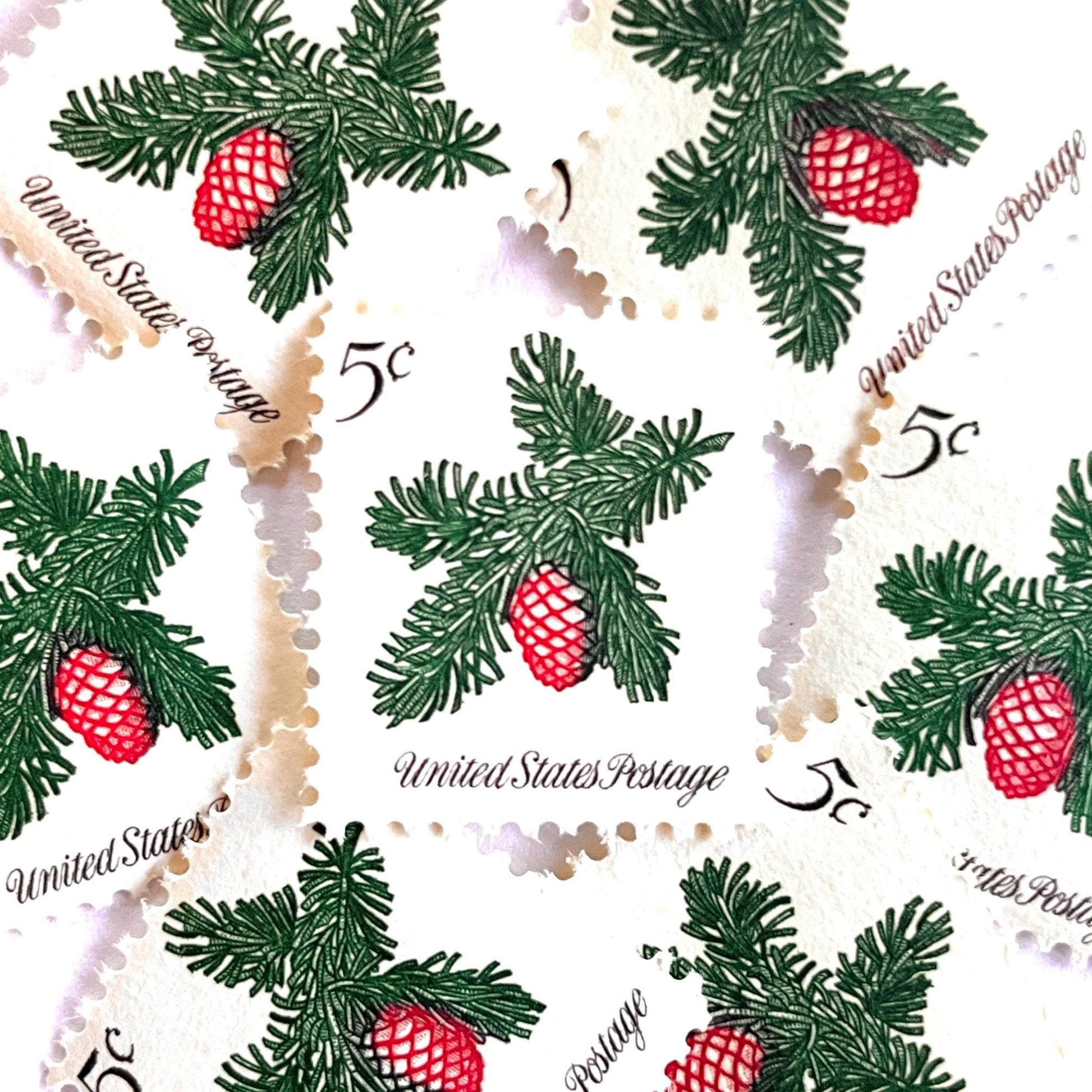 Image of 1964 Third Christmas Issue “Sprig of Conifer” 5-cent mail stamps. Scott #1257. Stamp Themes: Conifer, Pine Cone, Evergreen, Tree, Pine Needles, Holiday Decor. Green and red postage stamp.