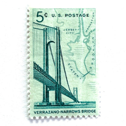 Image of 1964 “Verrazano-Narrows Bridge” 5-cent mail stamps. Scott #1258. Stamp Themes: Bridge, NYC, New York, Staten Island, Brooklyn, Manhattan, Bridge, Engineering. Green postage stamp.