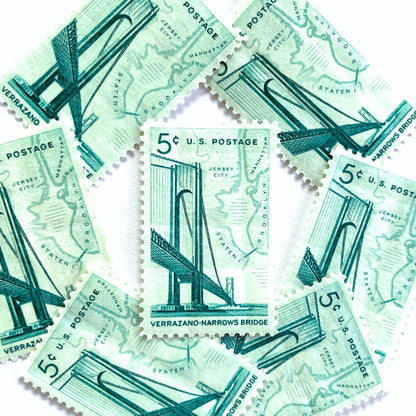 Image of 1964 “Verrazano-Narrows Bridge” 5-cent mail stamps. Scott #1258. Stamp Themes: Bridge, NYC, New York, Staten Island, Brooklyn, Manhattan, Bridge, Engineering. Green postage stamp.