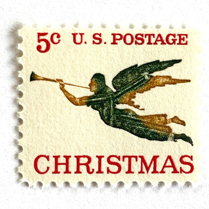 Image of 1965 “Christmas Angel” 5-cent stamps. Scott #1276. Stamp Themes: Christmas, Holidays, Angel, Weathervane, Horn, Trumpet. Green, red, white postage stamp.