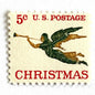 Image of 1965 “Christmas Angel” 5-cent stamps. Scott #1276. Stamp Themes: Christmas, Holidays, Angel, Weathervane, Horn, Trumpet. Green, red, white postage stamp.