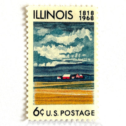 Image of Illinois Statehood postage stamps from 1968, issued for the 150th anniversary of Illinois statehood, featuring a farm on the Prairie with dramatic clouds overhead artwork on vintage unused 6-cent USPS postage, Scott 1339.