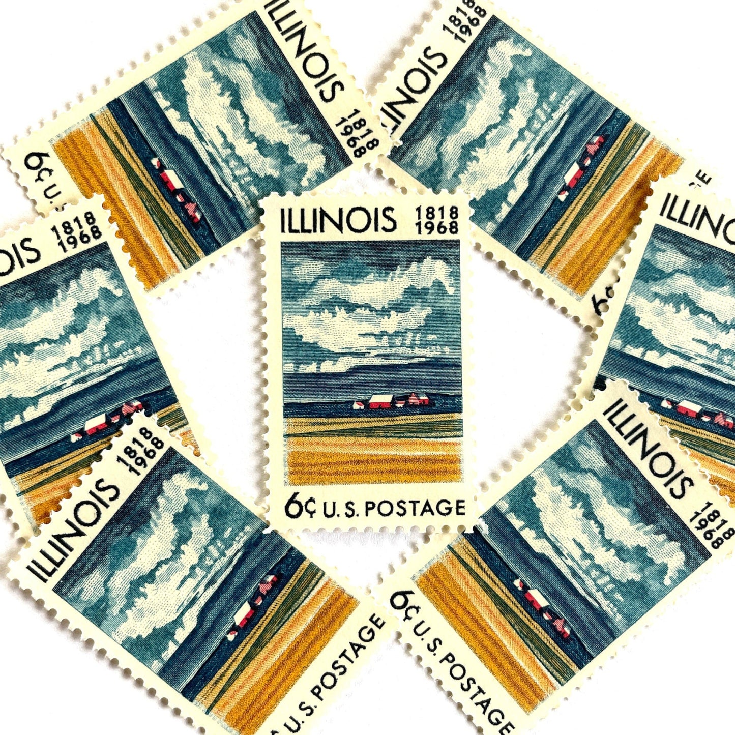 Image of Illinois Statehood postage stamps from 1968, issued for the 150th anniversary of Illinois statehood, featuring a farm on the Prairie with dramatic clouds overhead artwork on vintage unused 6-cent USPS postage, Scott 1339.