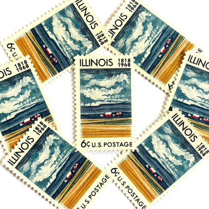 Image of Illinois Statehood postage stamps from 1968, issued for the 150th anniversary of Illinois statehood, featuring a farm on the Prairie with dramatic clouds overhead artwork on vintage unused 6-cent USPS postage, Scott 1339.