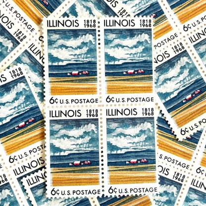Image of Illinois Statehood postage stamps from 1968, issued for the 150th anniversary of Illinois statehood, featuring a farm on the Prairie with dramatic clouds overhead artwork on vintage unused 6-cent USPS postage, Scott 1339.