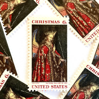 Image of 1968 Christmas Issue “Angel Gabriel” 6-cent stamps. Scott #1363. Stamp Themes: Christmas, Angel, Painting, The Annunciation, Christian Art, Renaissance Painting. Red postage stamp.