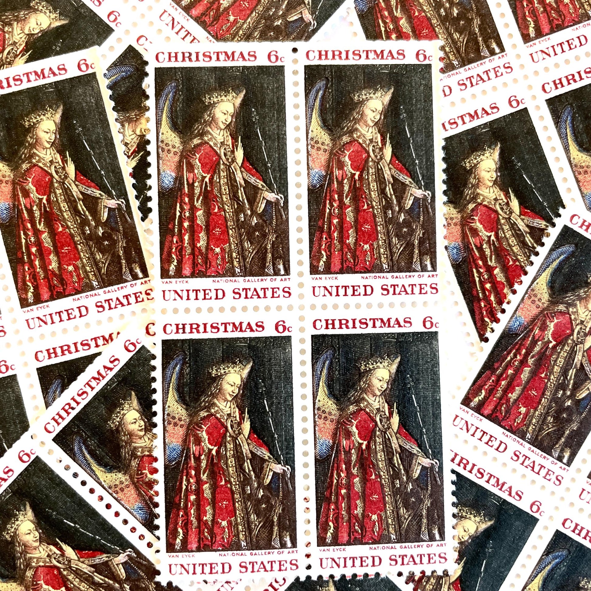 Image of 1968 Christmas Issue “Angel Gabriel” 6-cent stamps. Scott #1363. Stamp Themes: Christmas, Angel, Painting, The Annunciation, Christian Art, Renaissance Painting. Red postage stamp.