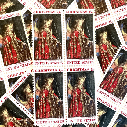 Image of 1968 Christmas Issue “Angel Gabriel” 6-cent stamps. Scott #1363. Stamp Themes: Christmas, Angel, Painting, The Annunciation, Christian Art, Renaissance Painting. Red postage stamp.