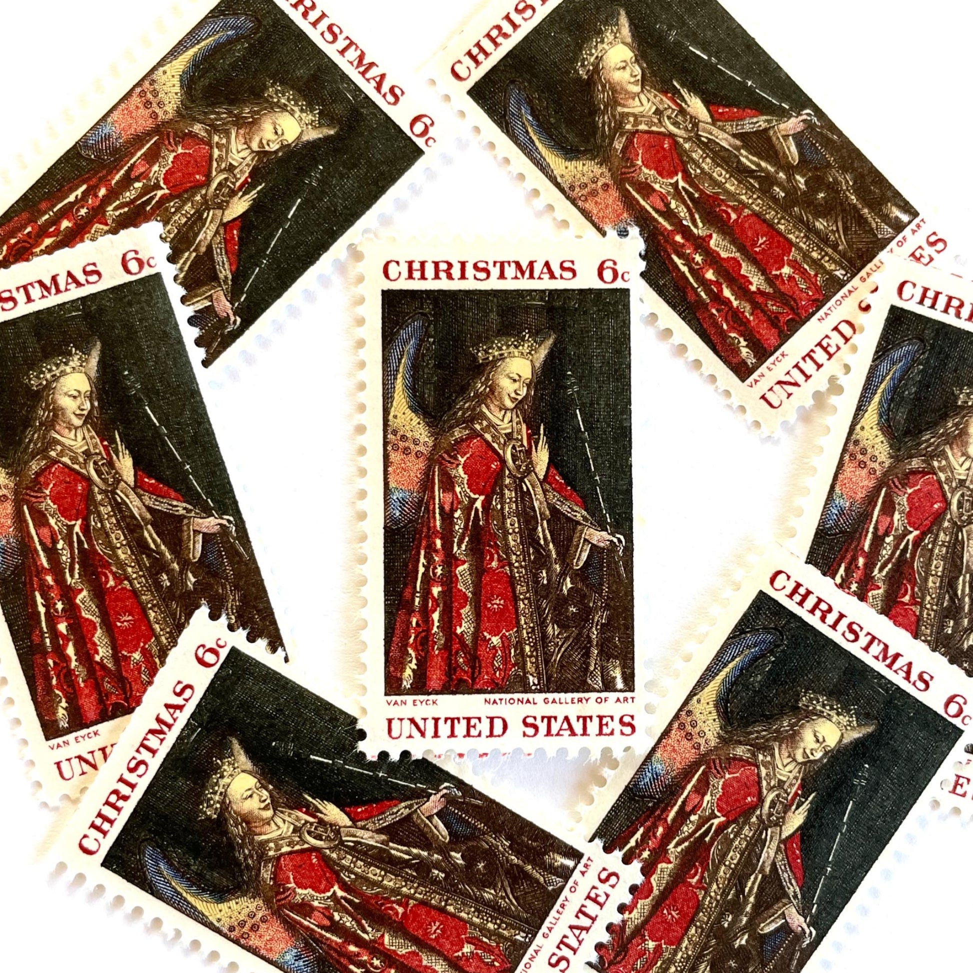 Image of 1968 Christmas Issue “Angel Gabriel” 6-cent stamps. Scott #1363. Stamp Themes: Christmas, Angel, Painting, The Annunciation, Christian Art, Renaissance Painting. Red postage stamp.