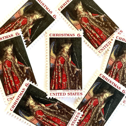 Image of 1968 Christmas Issue “Angel Gabriel” 6-cent stamps. Scott #1363. Stamp Themes: Christmas, Angel, Painting, The Annunciation, Christian Art, Renaissance Painting. Red postage stamp.