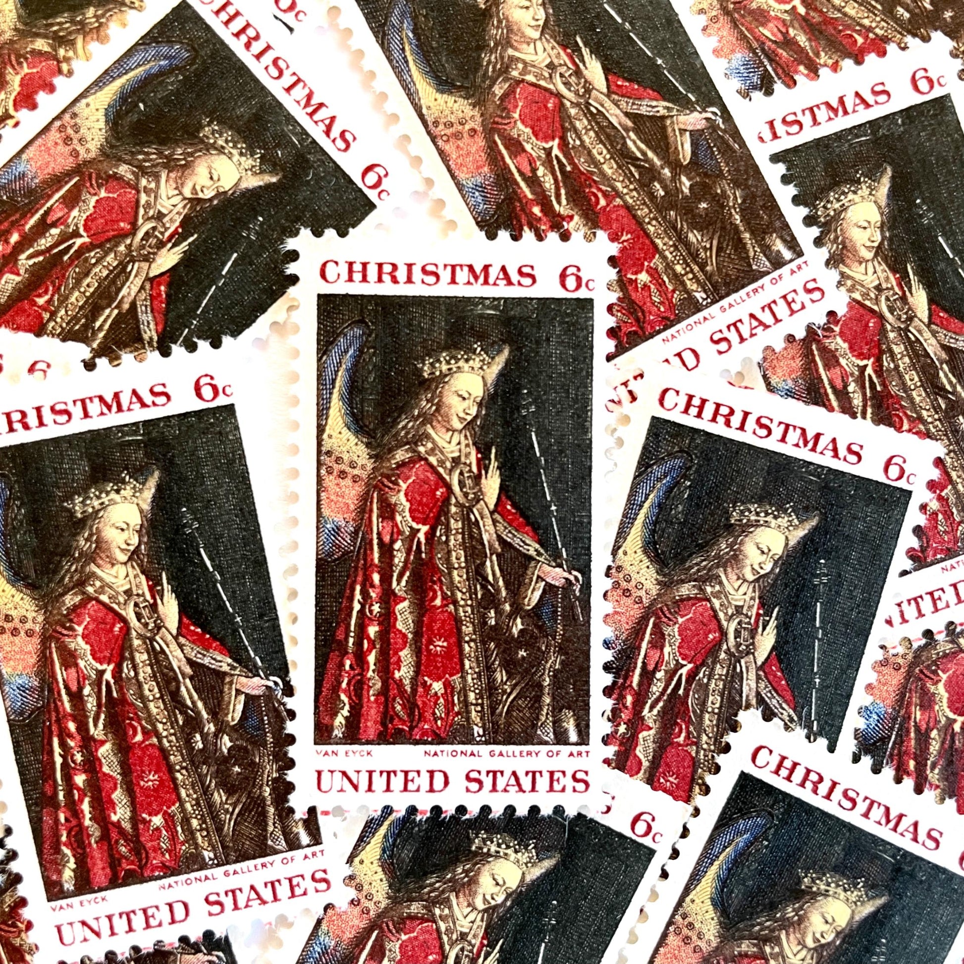 Image of 1968 Christmas Issue “Angel Gabriel” 6-cent stamps. Scott #1363. Stamp Themes: Christmas, Angel, Painting, The Annunciation, Christian Art, Renaissance Painting. Red postage stamp.