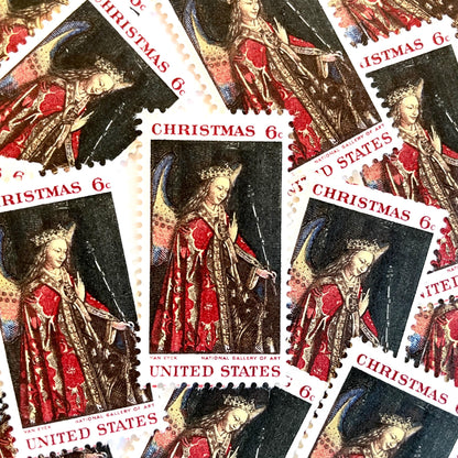 Image of 1968 Christmas Issue “Angel Gabriel” 6-cent stamps. Scott #1363. Stamp Themes: Christmas, Angel, Painting, The Annunciation, Christian Art, Renaissance Painting. Red postage stamp.