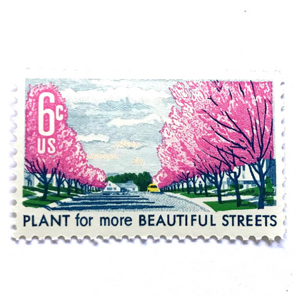 Image of 1966 Beautification of America Plant for More Beautiful Streets 6 cent stamps. Scott #1368. Stamp themes: Trees, Cherry Blossoms, Planting, Arbor Day, Streets, Neighborhood, Suburbs. Pink postage stamp.