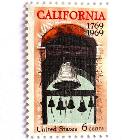 Vintage California Settlement postage stamp from the 1969 California Settlement Bicentennial issue featuring the Carmel Mission belfry and bells on unused 6-cent USPS postage, Scott 1373.