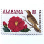Image of Alabama Statehood postage stamps from 1969, featuring Alabama’s yellowhammer state bird and camellia state flower on vintage unused 6-cent USPS postage, Scott 1375.