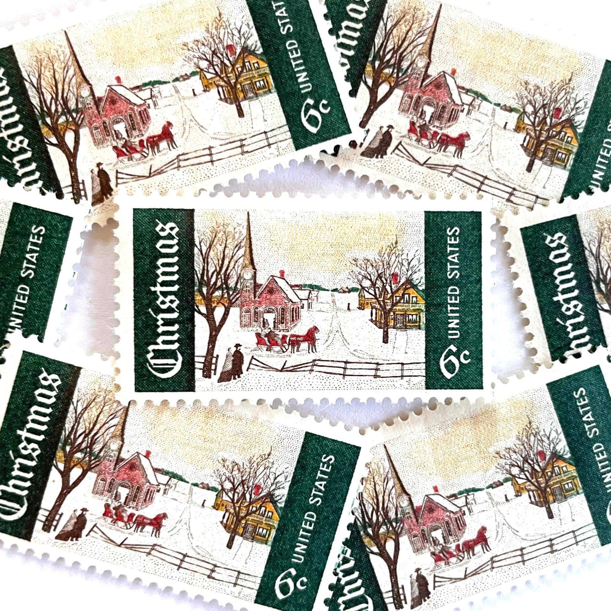 Image of 1969 Christmas Issue “Winter Sunday in Norway, Maine” 6-cent stamps. Scott #1384. Stamp Themes: Christmas, Holidays, Winter, Snow, Village, Sleigh, New England. Green and white postage stamp.