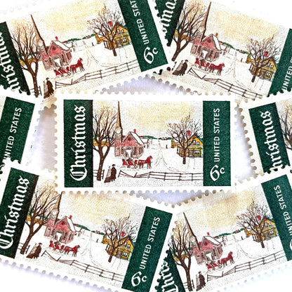 Image of 1969 Christmas Issue “Winter Sunday in Norway, Maine” 6-cent stamps. Scott #1384. Stamp Themes: Christmas, Holidays, Winter, Snow, Village, Sleigh, New England. Green and white postage stamp.