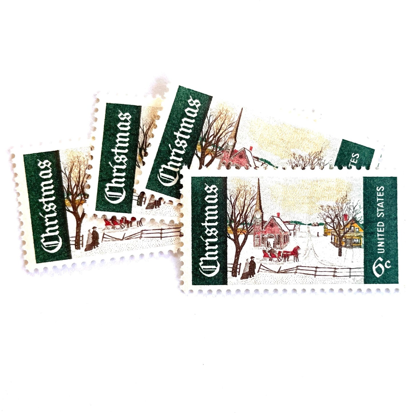 Image of 1969 Christmas Issue “Winter Sunday in Norway, Maine” 6-cent stamps. Scott #1384. Stamp Themes: Christmas, Holidays, Winter, Snow, Village, Sleigh, New England. Green and white postage stamp.