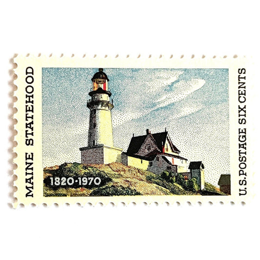 Image of a Maine Statehood postage stamp from 1970, featuring Edward Hopper’s Lighthouse at Two Lights, Maine painting on vintage unused 6-cent USPS postage, Scott 1391.